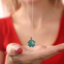 Hom Silver Jewelry 925  Ayar Gümüş Kişiye Özel Renkli Fotoğraflı Yonca Tasarımlı Kadın Kolye