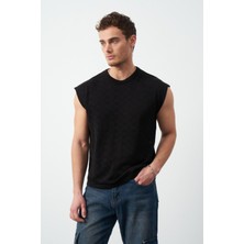 Desenli Oversize Sıfır Kol Triko Erkek T-Shirt