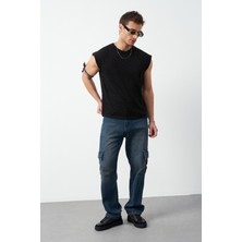 Desenli Oversize Sıfır Kol Triko Erkek T-Shirt