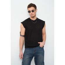 Desenli Oversize Sıfır Kol Triko Erkek T-Shirt