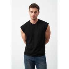 Desenli Oversize Sıfır Kol Triko Erkek T-Shirt