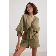 Tena Kadın Haki Yarasa Kol Ön Bağlamalı Gömlek