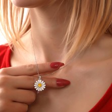 Hom Silver Jewelry 925  Ayar Gümüş Kişiye Özel Renkli Fotoğraflı Papatya Tasarımlı Kadın Kolye
