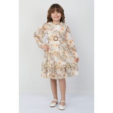 E Çocuk Kız Çocuk Şifon Tokalı Çiçekli Elbise 26144