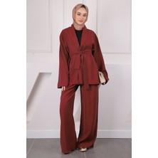 İmaj Butik Bordo Bel Kuşaklı Ceket Pantolonlu Takım