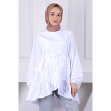 İmaj Butik Ekru Eteği Katlı Fırfırlı Tunik