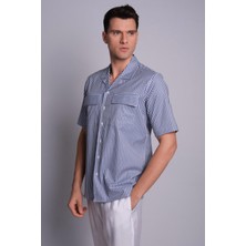 Tena Erkek Lacivert Kısa Kollu Kapak Cepli Çizgili Gömlek