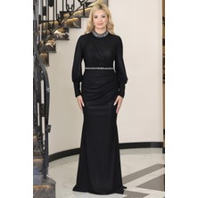 Hürrem Kuyruklu Taşlı Abiye Siyah ELB76