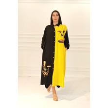 Keyifli Moda Kadın Siyah Sarı Renk Bloklu Aplike Nakışlı Cepli  Uzun Gömlek Elbise