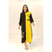 Keyifli Moda Kadın Siyah Sarı Renk Bloklu Aplike Nakışlı Cepli  Uzun Gömlek Elbise