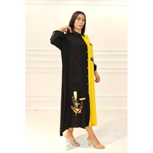 Keyifli Moda Kadın Siyah Sarı Renk Bloklu Aplike Nakışlı Cepli  Uzun Gömlek Elbise