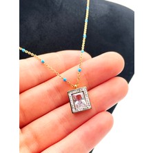Stainless Steel Boncuklu Zincirli Baget Zirkon Taşlı Gold Çelik Kolye