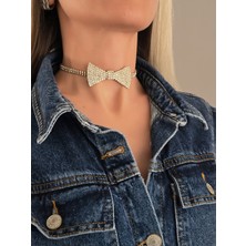 Eva Takı Store Papyon Model Rhinestone Choker Tasma Model Gold Renk Kolye