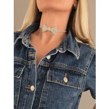 Eva Takı Store Papyon Model Rhinestone Choker Tasma Model Gold Renk Kolye