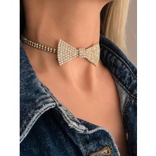Eva Takı Store Papyon Model Rhinestone Choker Tasma Model Gold Renk Kolye