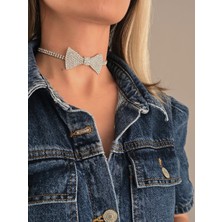 Eva Takı Store Papyon Model Rhinestone Choker Tasma Model Gümüş Renk Kolye