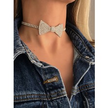 Eva Takı Store Papyon Model Rhinestone Choker Tasma Model Gümüş Renk Kolye
