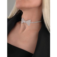 Eva Takı Store Papyon Model Rhinestone Choker Tasma Model Gümüş Renk Kolye