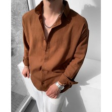 Magıcalfashıon Erkek Oversize Uzun Kollu Yazlık Keten Gömlek