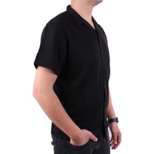 Dagoster DMG23-199598 Siyah Ottoman Örme Apaj Yaka Oversize Kalıp Kısa Kol Erkek Gömlek