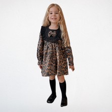 Leopar Desenli Fırfırlı Kız Çocuk Elbise – Siyah/Kahverengi
