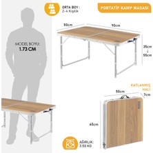 Haegs Portatif Kamp Masası, 2 Yükseklik Ayarlı, Katlanır Alüminyum Piknik Masası- 90X50 Hareli Ceviz
