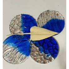 Pelince Epoksi Reçine Bardak Altlığı - 4'lü Takım - Koyu Mavi Glitter Geometrik - Çap: 12  cm