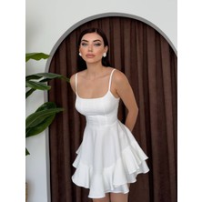 Askılı Volanlı Eteği Belden Açılan Fırfırlı Kadın Mini Elbise