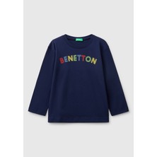 United Colors Of Benetton Erkek Çocuk Lacivert Benetton Logo Baskılı Uzun Kollu T-Shirt