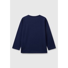 United Colors Of Benetton Erkek Çocuk Lacivert Benetton Logo Baskılı Uzun Kollu T-Shirt