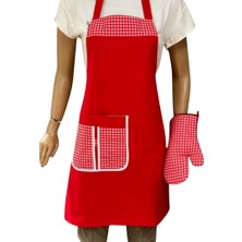 Kırmızı Pötikare Desenli Ayarlanabilir Cepli Şef Mutfak Önlüğü ve Fırın Eldiveni Seti