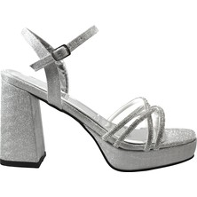 Beety 1012-1 Gümüş Simli Platform Topuklu Kadın Abiye Ayakkabı