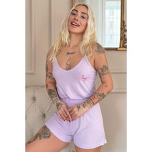Pijama Evi Lila Flamingo Chic Desenli Örme Ip Askı Şortlu Kadın Pijama Takımı