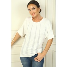 By Saygı Kadın Piramit Taşlı Kısa Kollu Geniş Kalıp Bluz