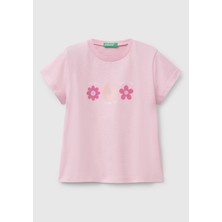 Kız Çocuk Pembe Simli Benetton Logo Baskılı T-Shirt