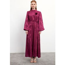 Gül Detaylı Jakar Elbise - Bordo