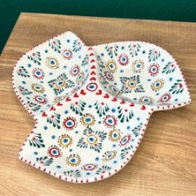 3 Bölmeli Çini Motifli Seramik Kase Kahve Yanı Sunumluk & Çerezlik & Kahvaltılık %100 El Işçiliği