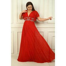 By Saygı Kadın Ön Arka V Yaka Beli Taş Işlemeli Astarlı Simli Büyük Beden Abiye Elbise