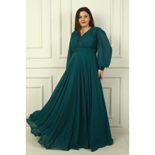 By Saygı Kadın Ön Arka V Yaka Üstü Pulpayet Astarlı Büyük Beden Uzun Şifon Abiye Elbise