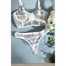 Beyaz Puantiyeli Büstiyer Bralet Takım (Sütyen & Tanga)