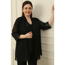 By Saygı V Yaka Pullu Kolsuz Bluz Bronşlu Kol Uçları Pullu Şifon Ceket Büyük Beden 2'li Takım