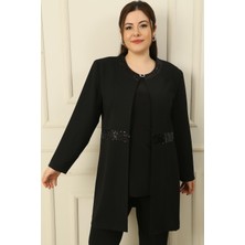 Içi Kolsuz Likralı Bluz Yakası ve Beli Pul Detaylı Büyük Beden Krep 2'li Takım