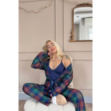 Navy Tartan Exclusive Örme Sabahlıklı Kadın Pijama Takım