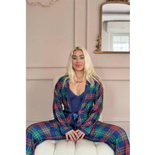 Navy Tartan Exclusive Örme Sabahlıklı Kadın Pijama Takım