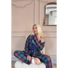 Navy Tartan Exclusive Örme Sabahlıklı Kadın Pijama Takım