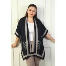 Kadın Yanı Düğme Detaylı Şeritli Cepleri Leopar Desenli Büyük Beden Panço