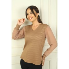 Kadın Kolları Şifon V Yaka Kazak