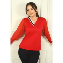 By Saygı Kadın V Yaka Yarısı Şeritli Kolları Şifon Kazak