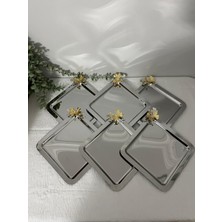 Maglor Lüx Gümüş Kelebek Aksesuarlı Paslanmaz Çelik Kare 6’lı Kahve, Çay, Dekoratif Sunum Servis Tepsisi