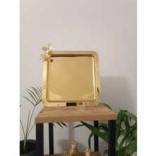 Maglor Lüx Gold Kelebek Aksesuarlı Paslanmaz Çelik Kare 6’lı Kahve, Çay, Dekoratif Sunum Servis Tepsisi